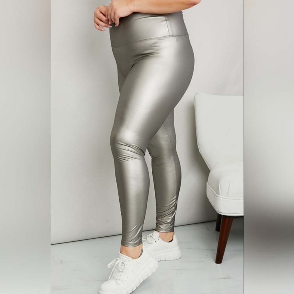 LEGGINGS DEPOT PU Leather Wide Waistband Leggings in Silver